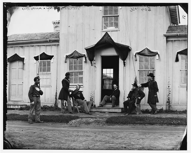 + Click on image to enlarge. Officers in front of Fort Whipple headquarters, Arlington, VA Arlington, VA. Captain Nevins and officers in front of headquarters, Fort Whipple, with mourning crepe drawn over doors and windows. Photo by William Morris Smith, c. 1865. 