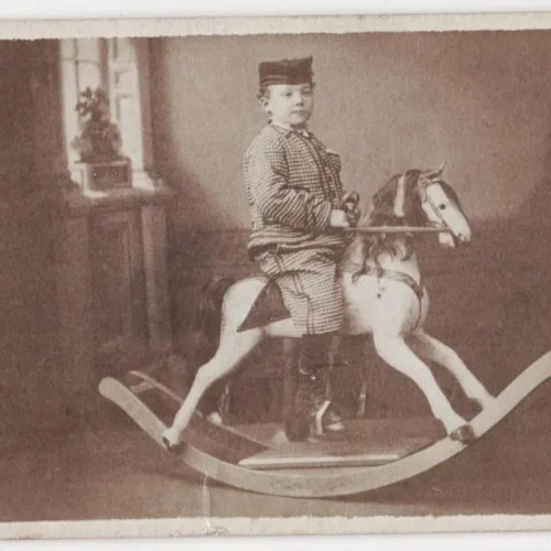 Exceptional CDV Child on Large Rocking Horse Toy