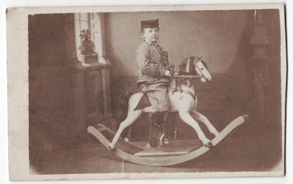Exceptional CDV Child on Large Rocking Horse Toy