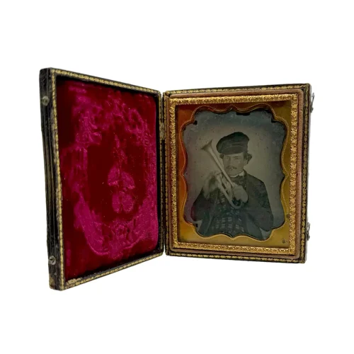 Rare Cased 6th Plate Ambrotype Musician Playing an Instrument