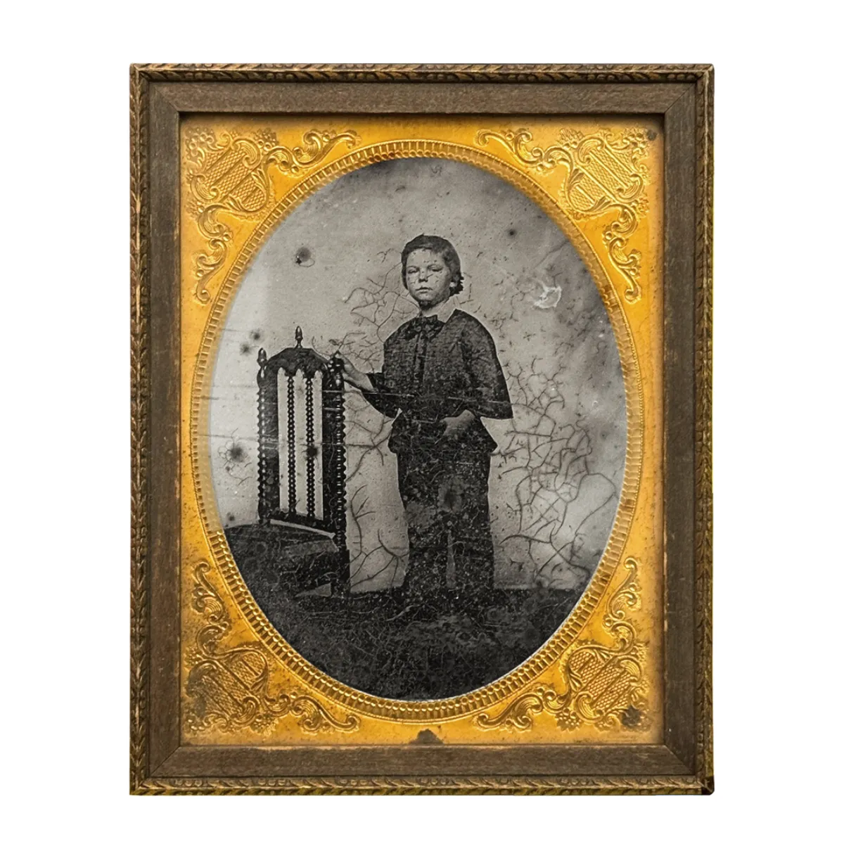 APH0311 1850s Half Plate Ambrotype Boy in Original Gilded Frame and Pressed Copper Mat