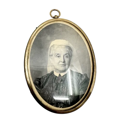 Antique Black and White Portrait of a Nun Convex Glass Brass Frame