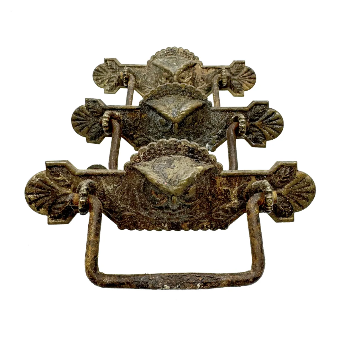 Antique Brass Owl Figural Drawer Pulls Set of Three