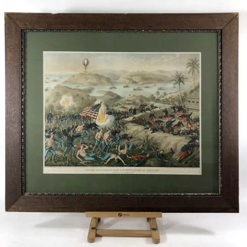 Original Kurz & Allison Chromolithograph Titled: Capture of El Caney, El Paso & Fortifications of Santiago CHARGE OF THE ROUGH RIDERS