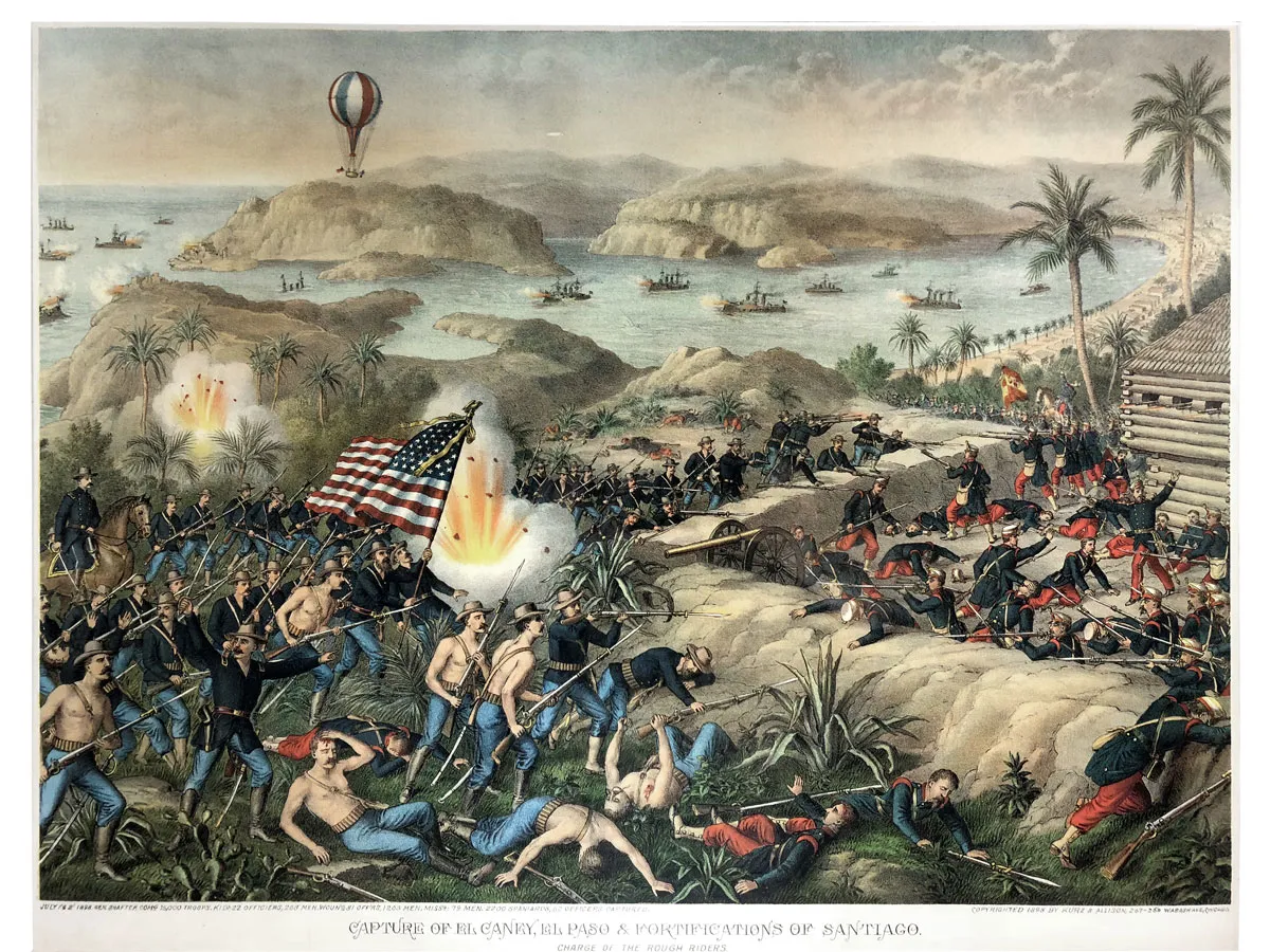 Original Kurz & Allison Chromolithograph Titled: Capture of El Caney, El Paso & Fortifications of Santiago CHARGE OF THE ROUGH RIDERS