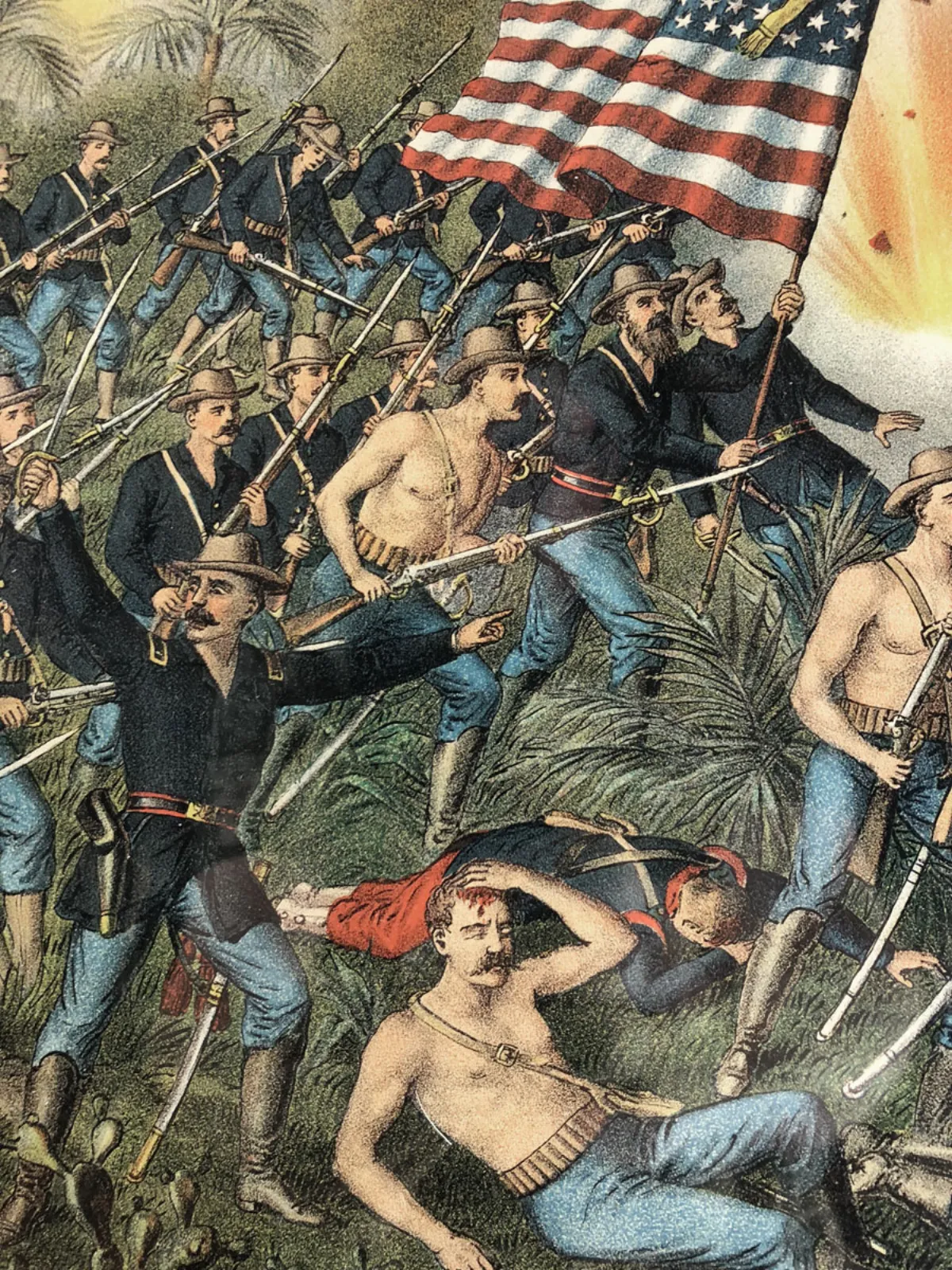 Original Kurz & Allison Chromolithograph Titled: Capture of El Caney, El Paso & Fortifications of Santiago CHARGE OF THE ROUGH RIDERS
