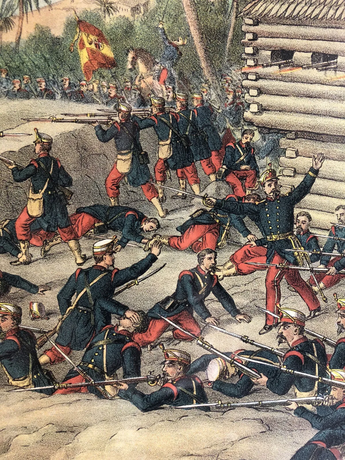 Original Kurz & Allison Chromolithograph Titled: Capture of El Caney, El Paso & Fortifications of Santiago CHARGE OF THE ROUGH RIDERS
