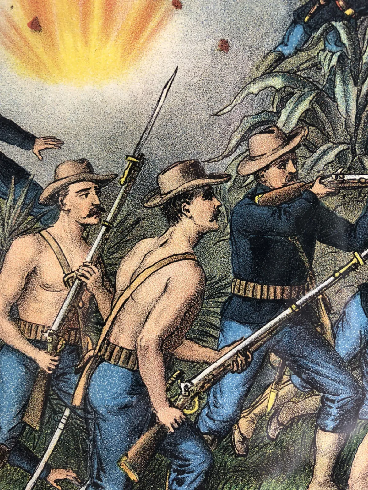 Original Kurz & Allison Chromolithograph Titled: Capture of El Caney, El Paso & Fortifications of Santiago CHARGE OF THE ROUGH RIDERS