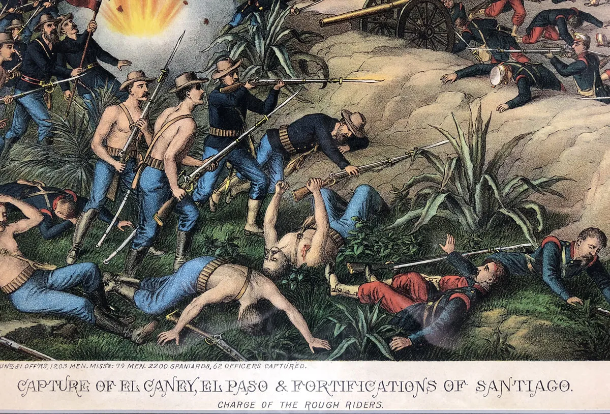 Original Kurz & Allison Chromolithograph Titled: Capture of El Caney, El Paso & Fortifications of Santiago CHARGE OF THE ROUGH RIDERS