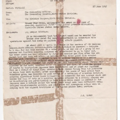 1945 Battle of Okinawa Navy Recommendation for Bronze Star Medal Heroism