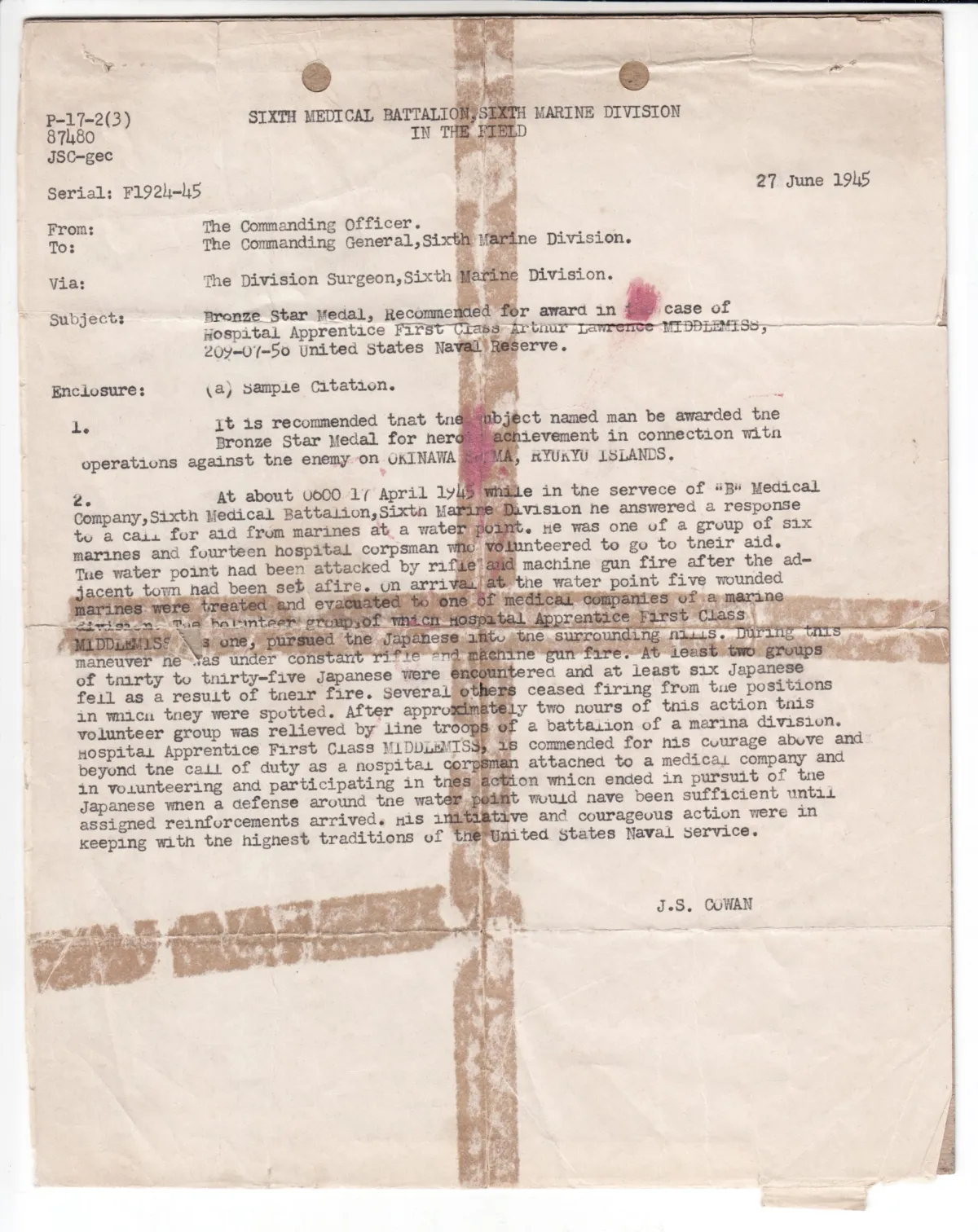 EPH0081-scaled 1945 Battle of Okinawa Navy Recommendation for Bronze Star Medal Heroism