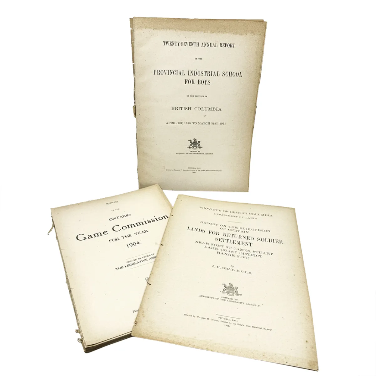 EPH0131 Antique Ontario and BC Govt Reports School for Boys, Game Commission, Lands for Returned Soldiers