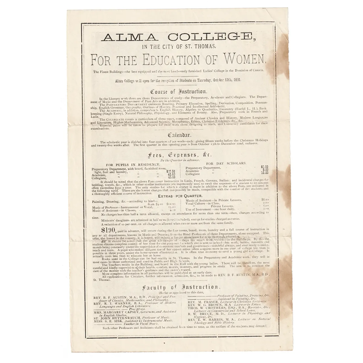 1881 Illustrated Broadside Alma Women’s College St. Thomas Ontario