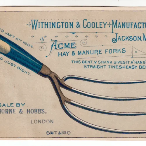 Withington & Cooley Pitchfork Trade Card Pat. 1884
