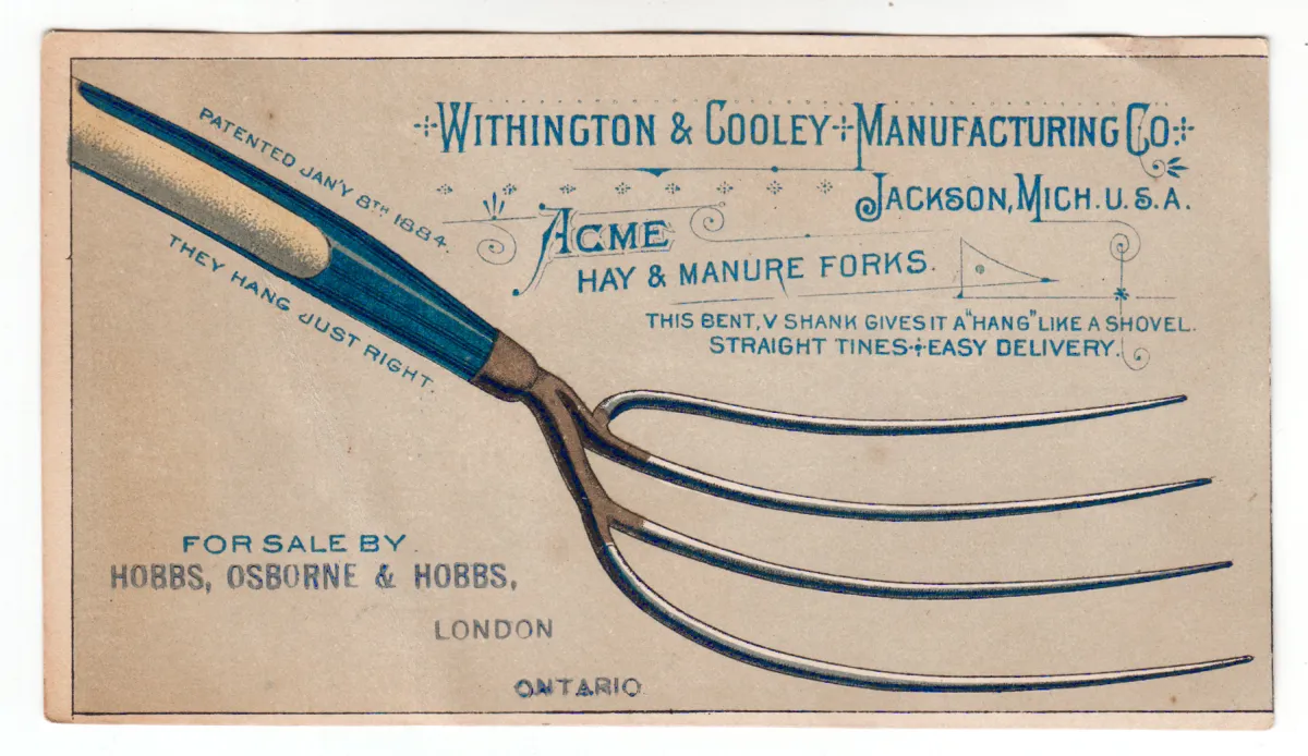 EPH0261 Withington & Cooley Pitchfork Trade Card Pat. 1884