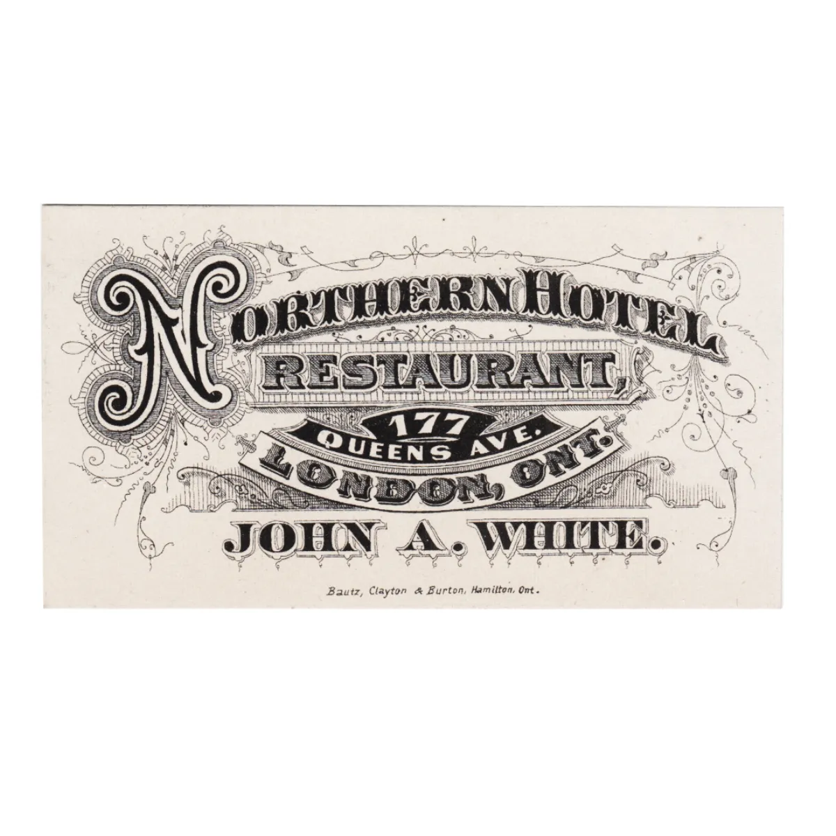 EPH0461 Rare 19th Century Northern Hotel Restaurant Business Card London Ontario