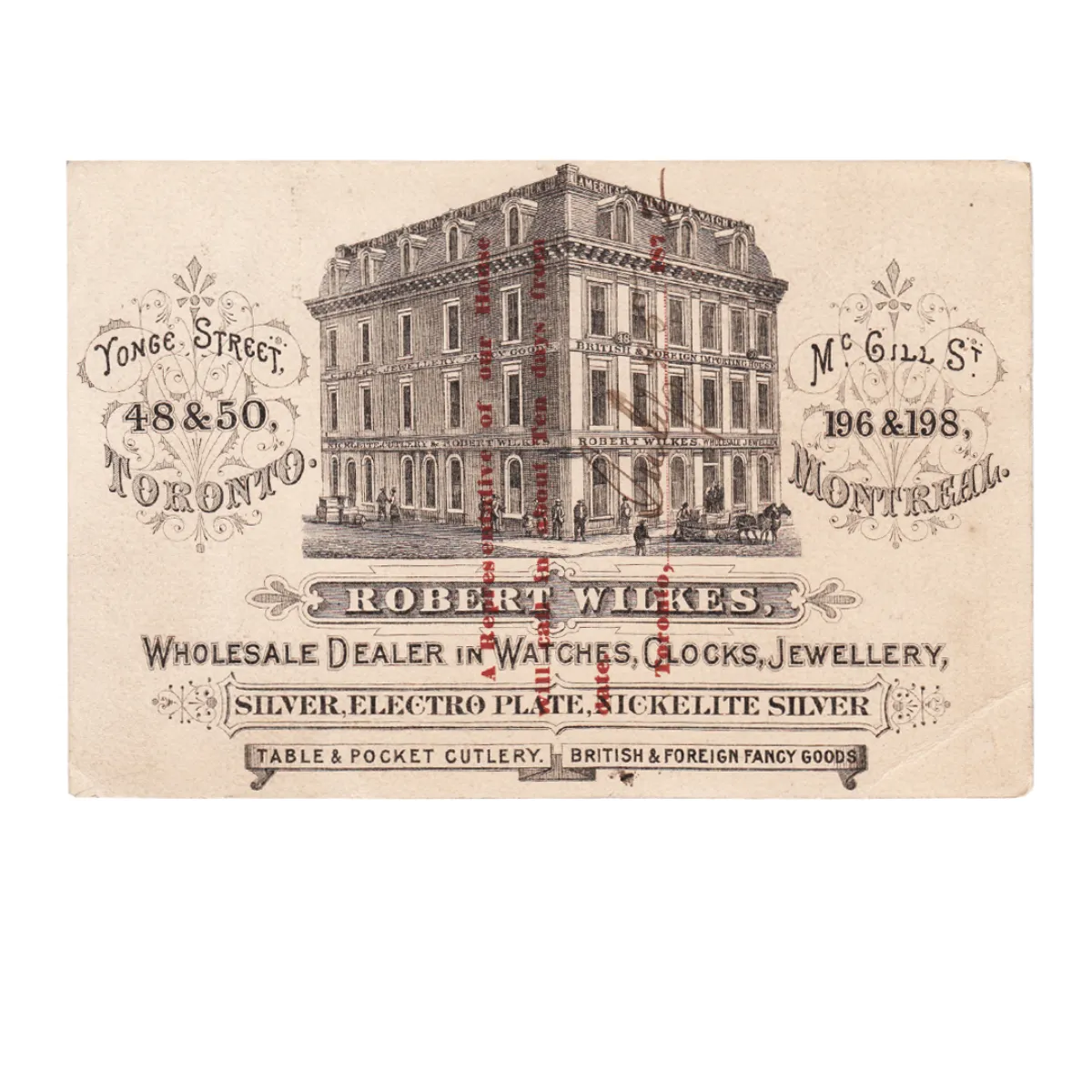 19th Century Robert Wilkes Merchant Advertising Trade Card Toronto & Montreal
