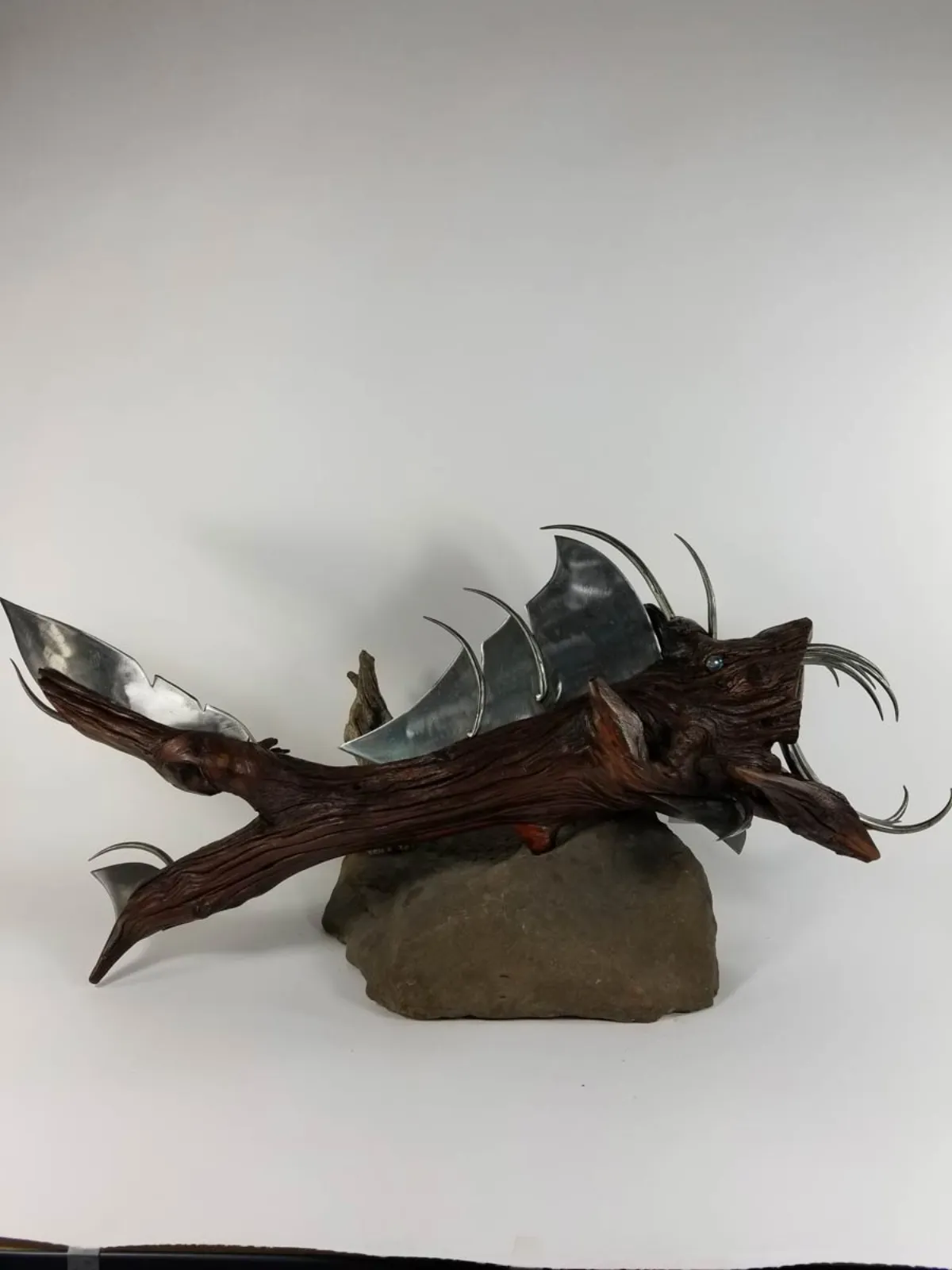 Original metal and wood sculpture monster fish