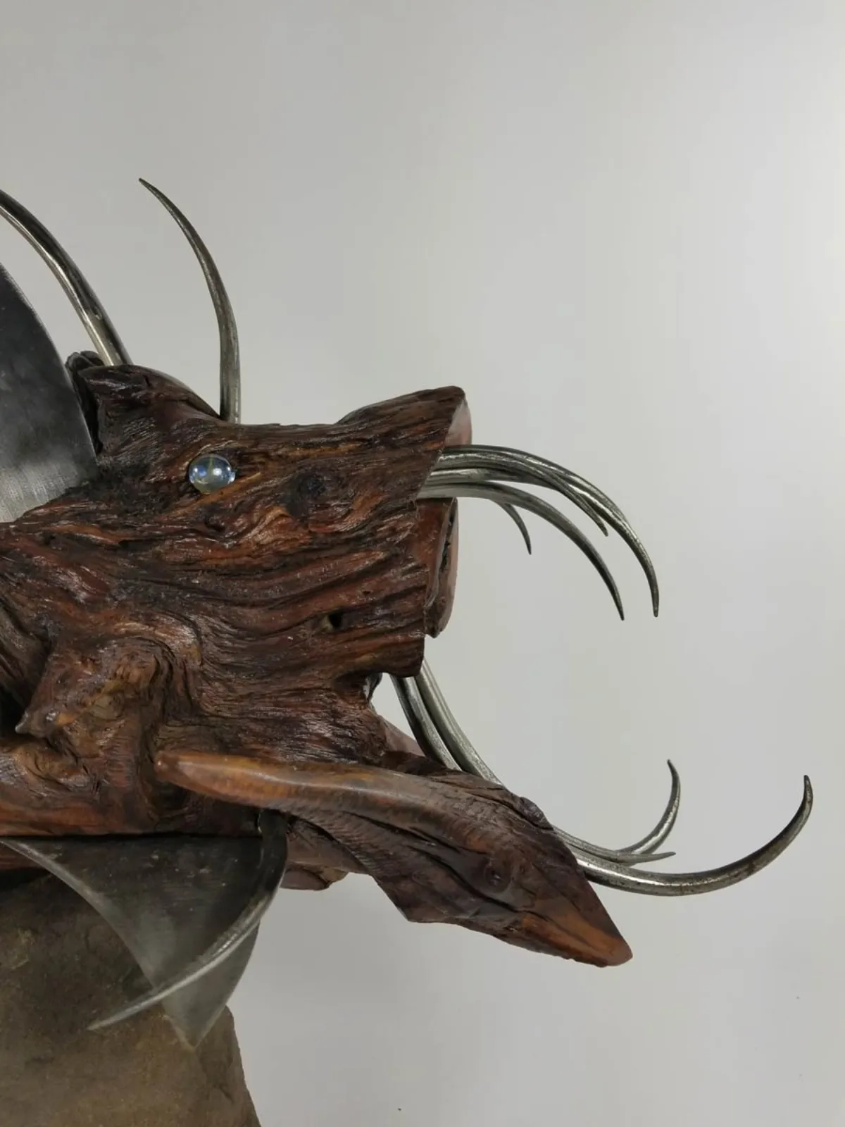 Original metal and wood sculpture monster fish