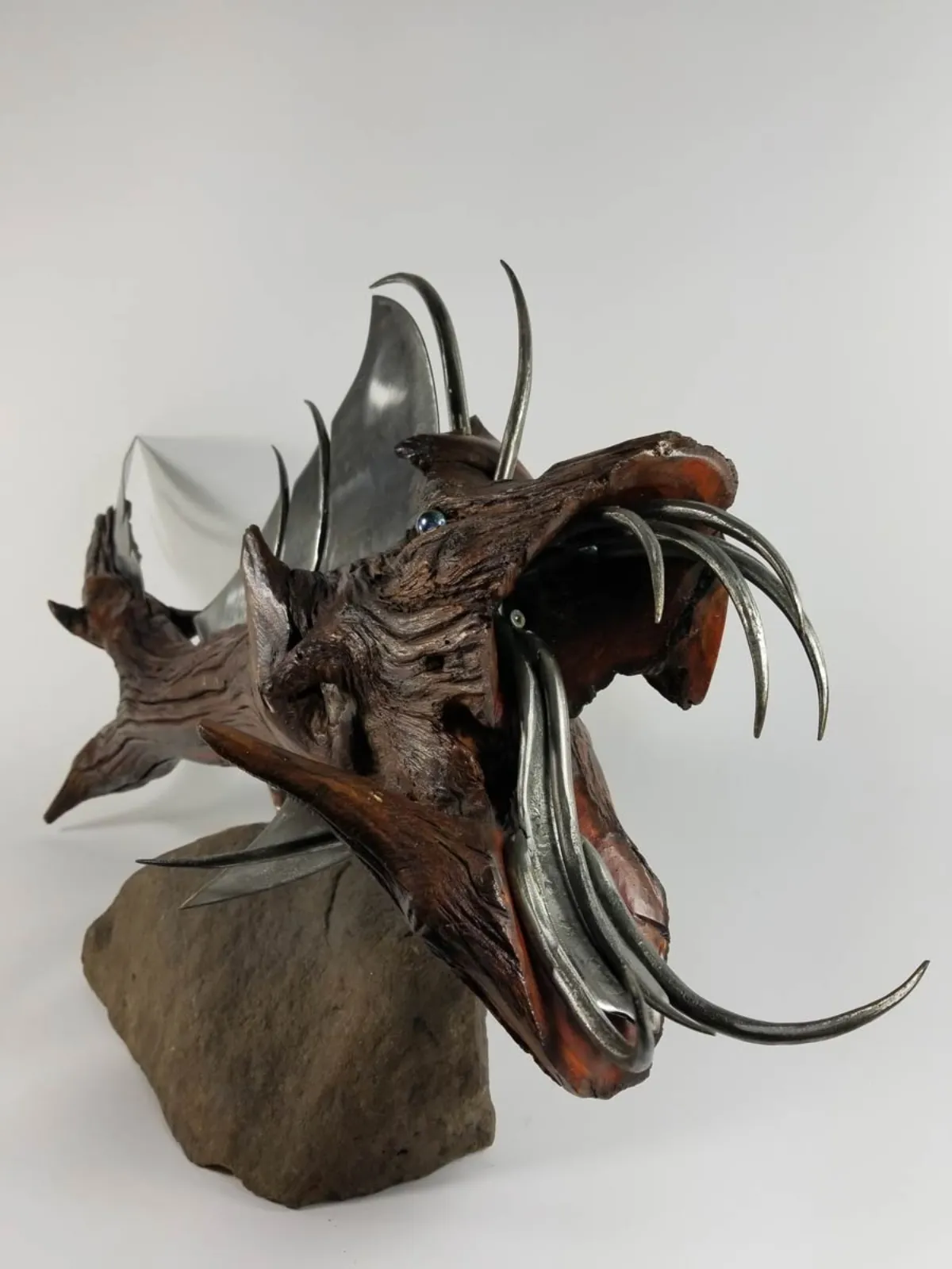 Original metal and wood sculpture monster fish