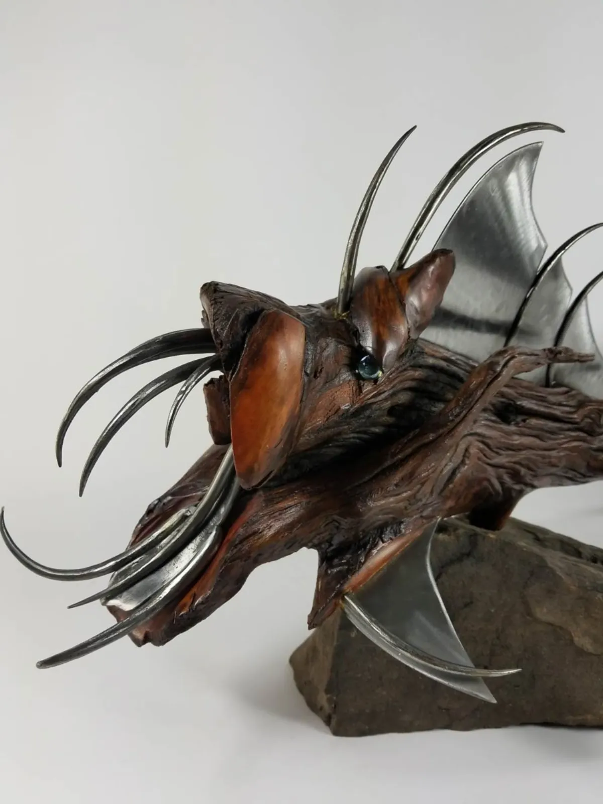 Original metal and wood sculpture monster fish