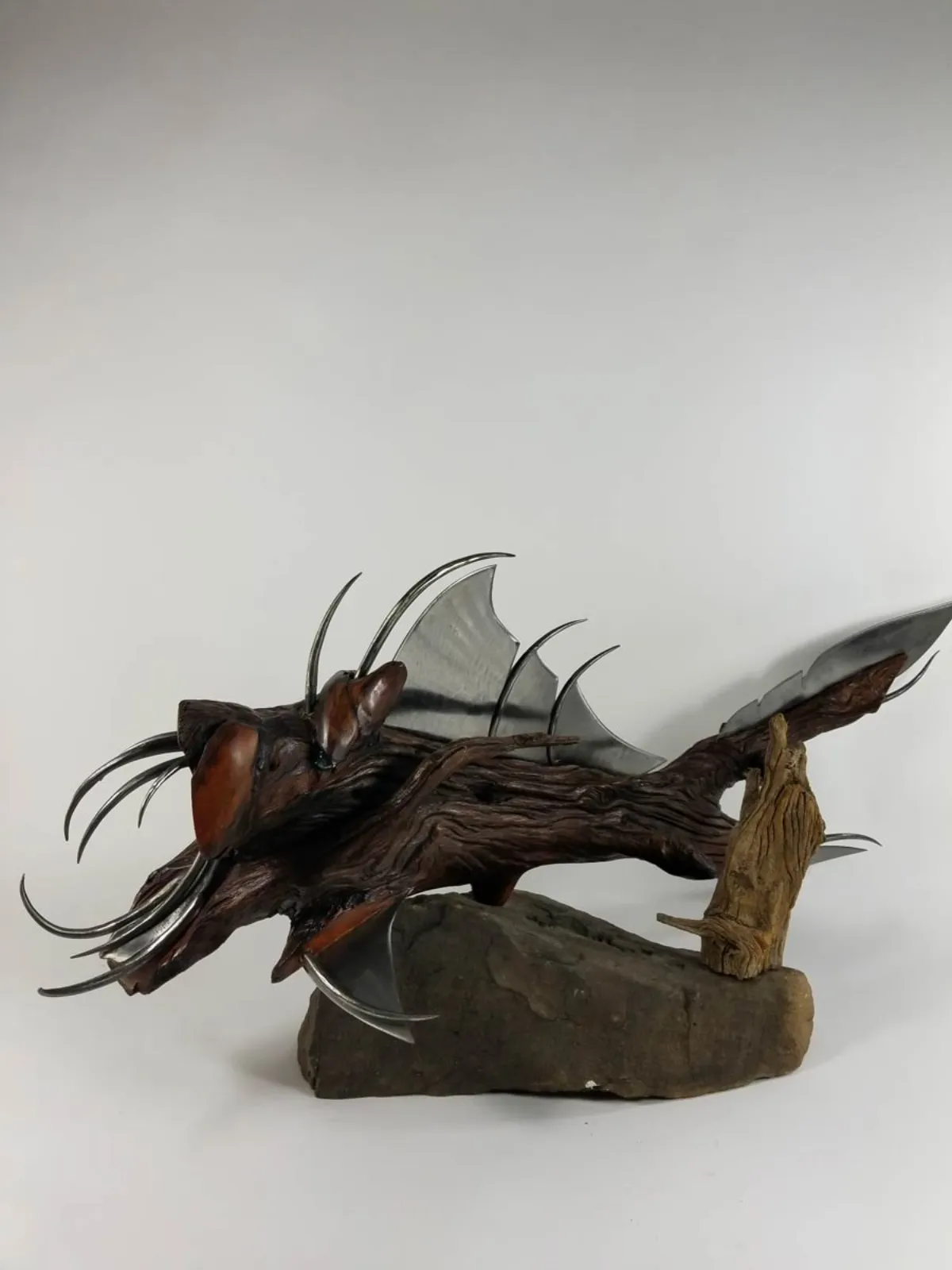 Original metal and wood sculpture monster fish