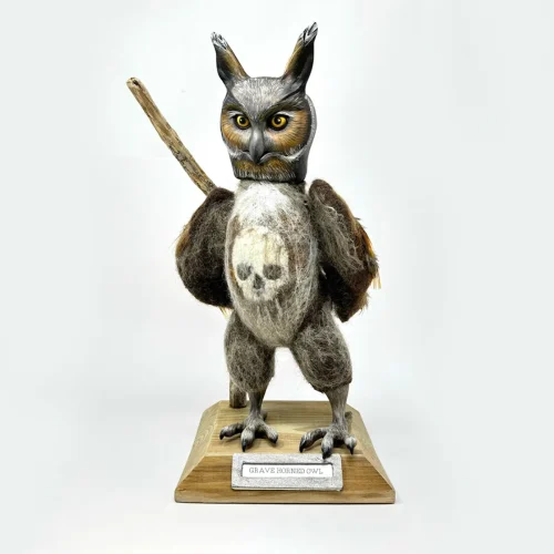 Grave Horned Owl Original Mixed Media Sculpture by Shauna Johnson