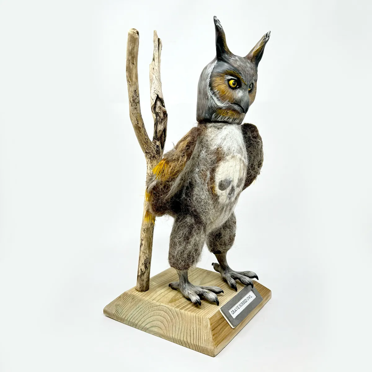 Grave Horned Owl Original Mixed Media Sculpture by Shauna Johnson
