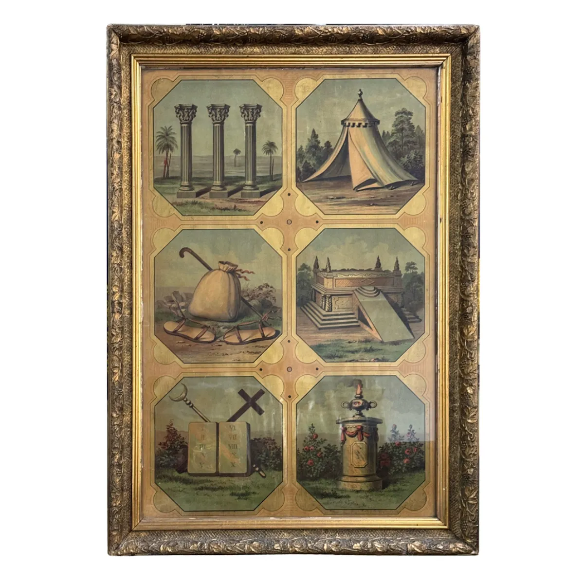 Large Masonic Illustration Print Ornately Framed Victorian Era