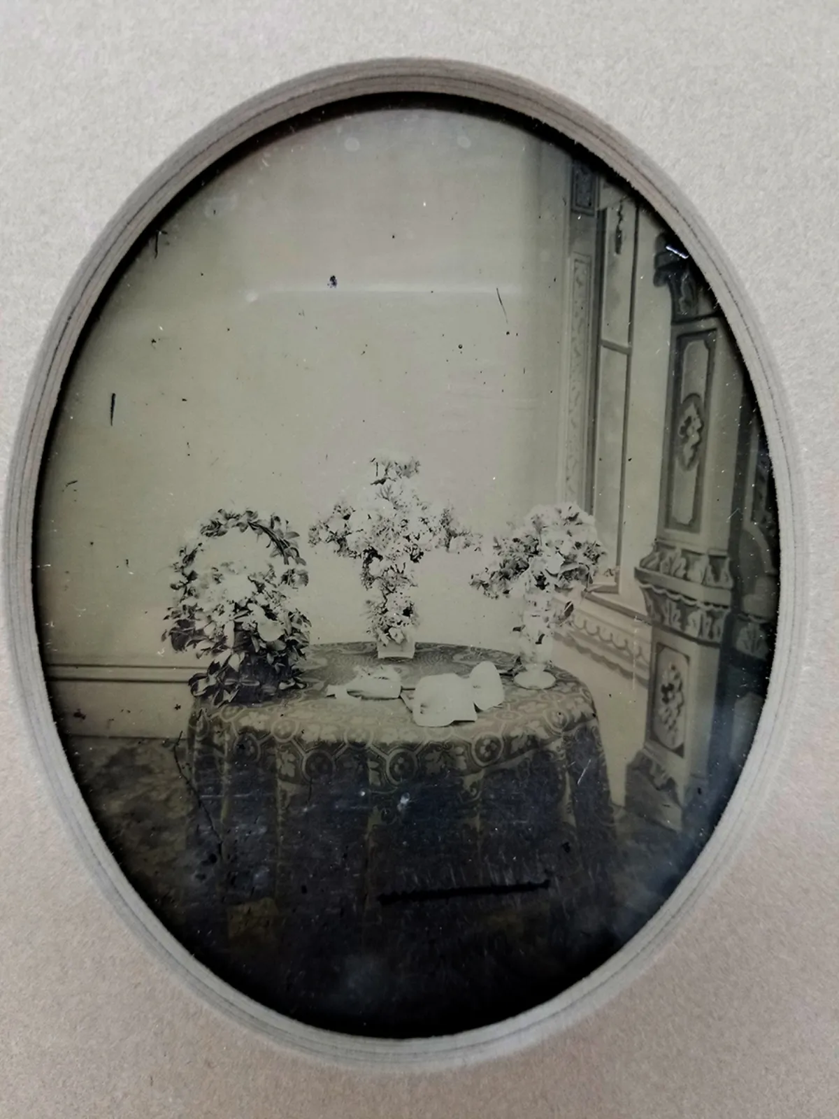 Rare Ambrotype Stereoview Salesman Sample Still Life Flower Funeral Arrangement