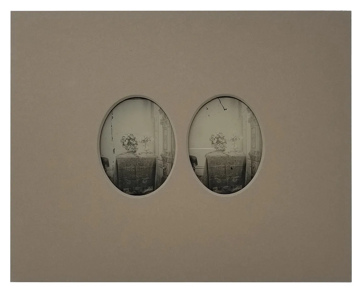 Rare Ambrotype Stereoview Salesman Sample Still Life Two Flower Funeral Arrangements