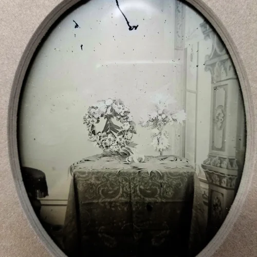 Rare Ambrotype Stereoview Salesman Sample Still Life Two Flower Funeral Arrangements