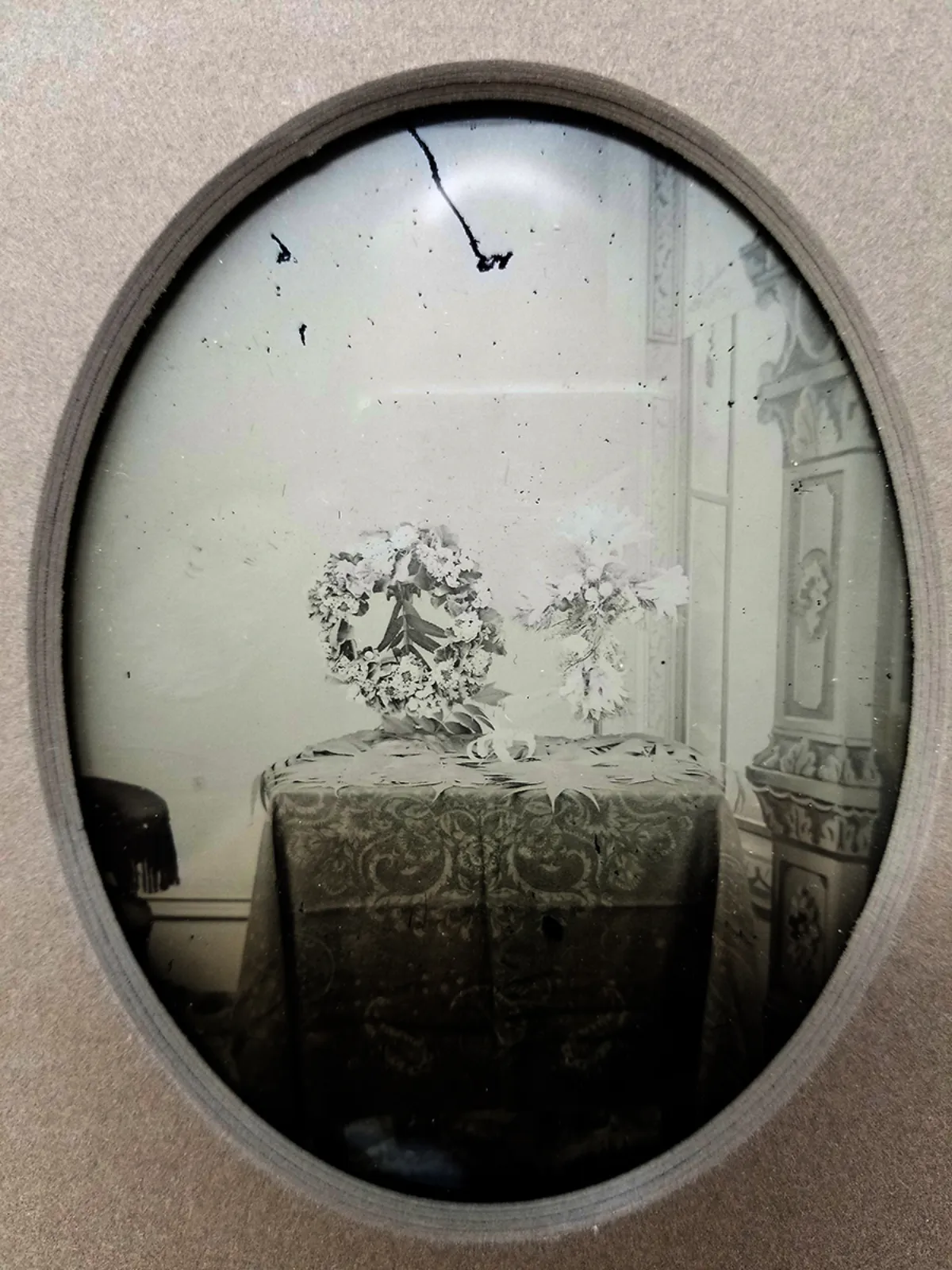 Rare Ambrotype Stereoview Salesman Sample Still Life Two Flower Funeral Arrangements
