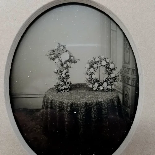 Rare Ambrotype Stereoview Salesman Sample Still Life Flower Funeral Arrangement