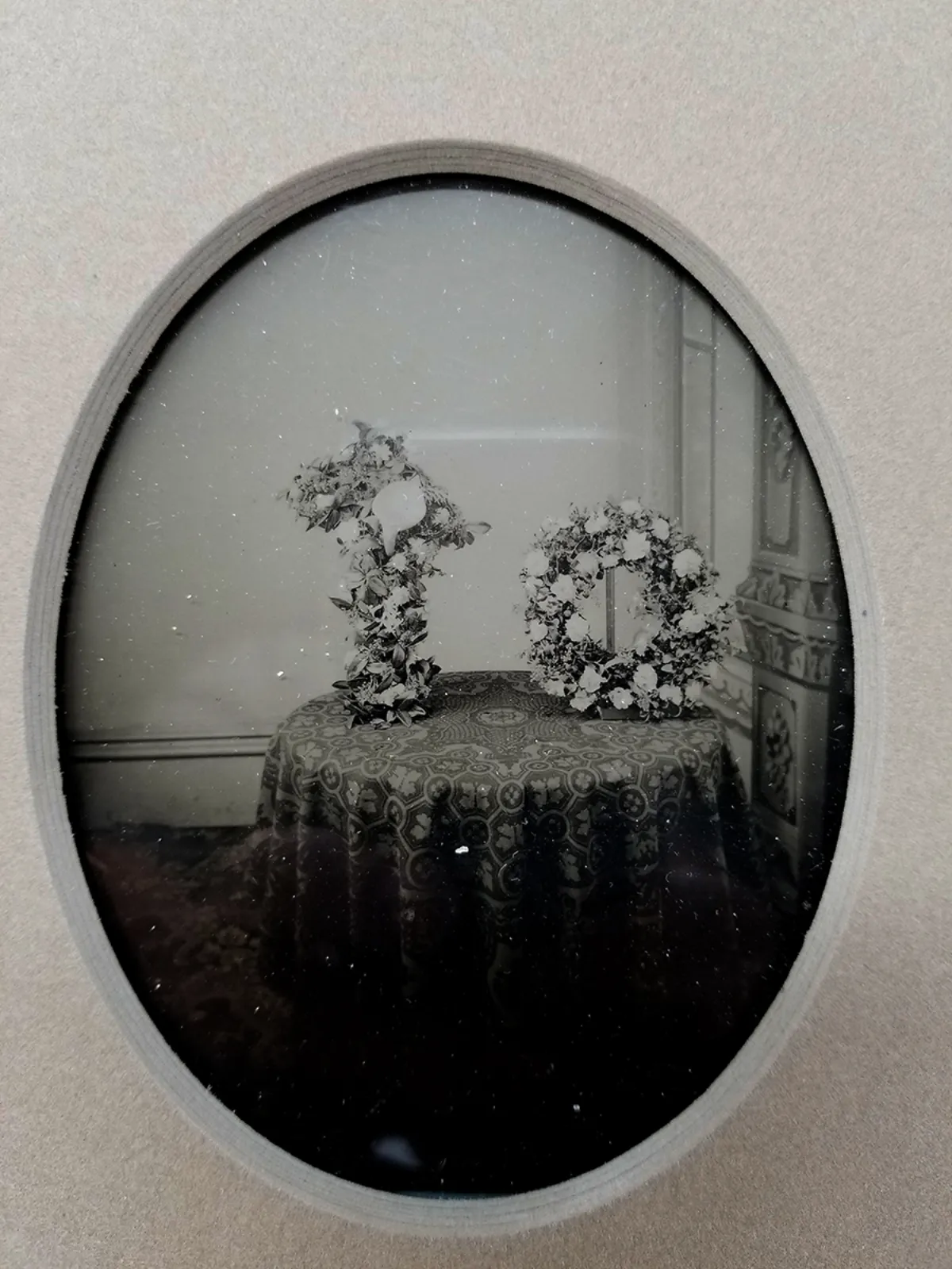Rare Ambrotype Stereoview Salesman Sample Still Life Flower Funeral Arrangement