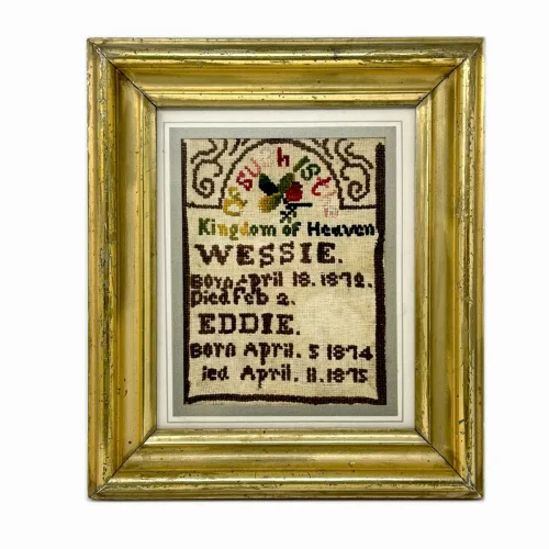 Hauntingly Beautiful Framed Embroidered Memento Mori Memorial to Deceased Siblings