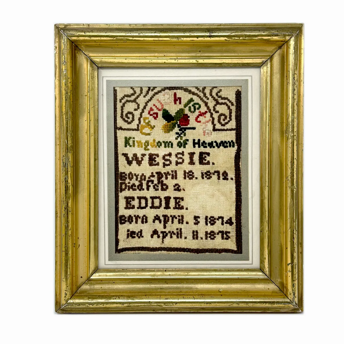 Hauntingly Beautiful Framed Embroidered Memento Mori Memorial to Deceased Siblings