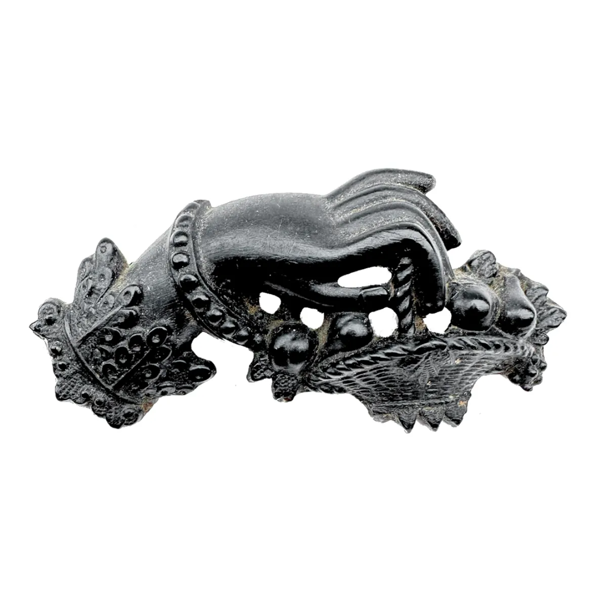 Vulcanite Hand Holding Basket Mourning Brooch