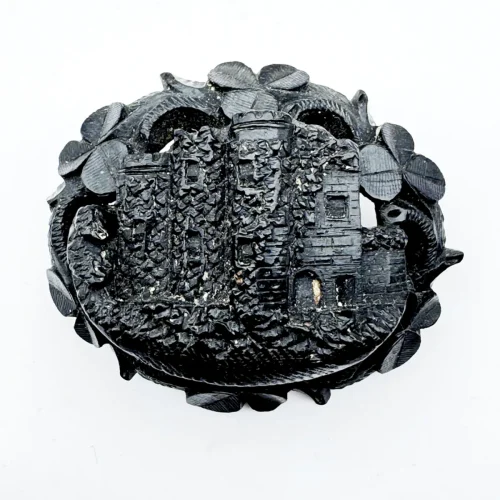 Vulcanite Memorial Mourning Brooch Irish Castle