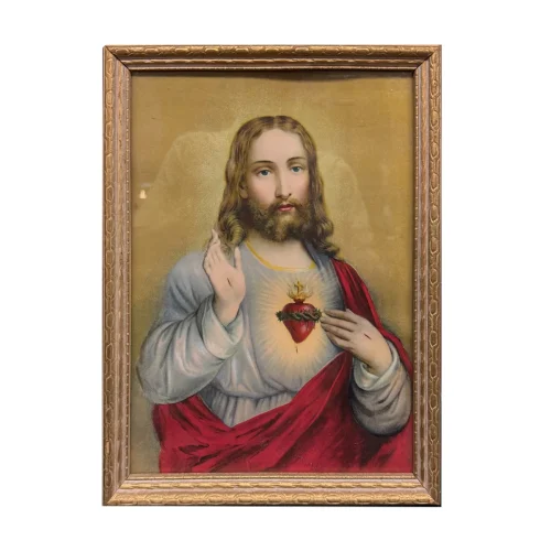 Mid 20th Century Framed Jesus Print Bleeding Heart