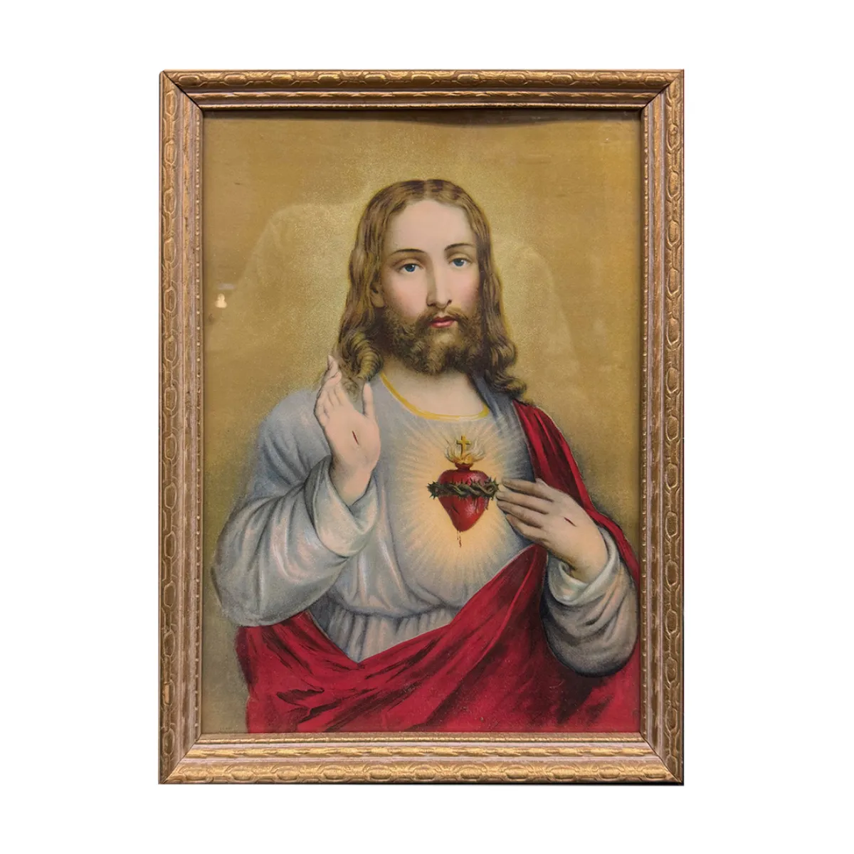 MA1851 Mid 20th Century Framed Jesus Print Bleeding Heart