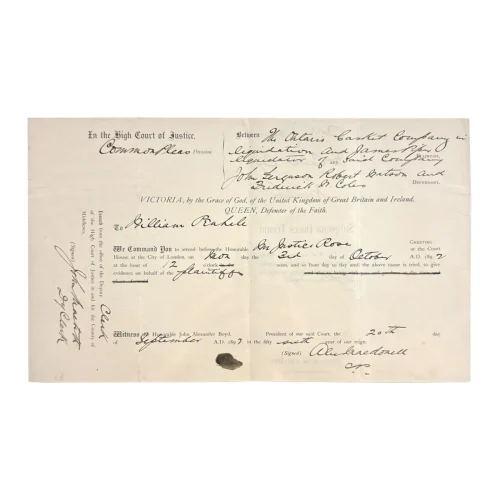 MA1951 1892 Subpoena Ontario Casket Company