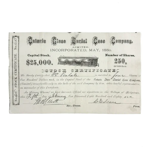 1881 Ontario Glass Burial Case Company Stock Certificate