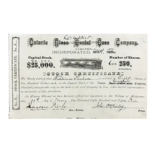 1885 Ontario Casket Company Stock Certificate