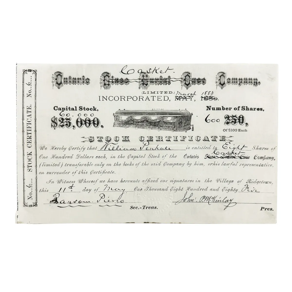 1885 Ontario Casket Company Stock Certificate
