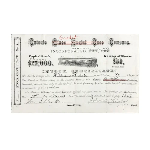 MA1981 1883 Ontario Casket Company Stock Certificate