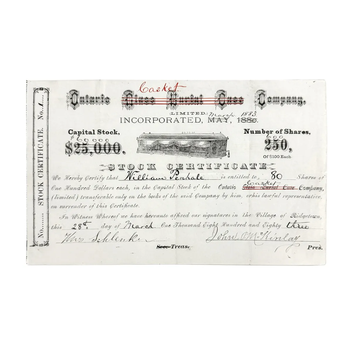 MA1981 1883 Ontario Casket Company Stock Certificate