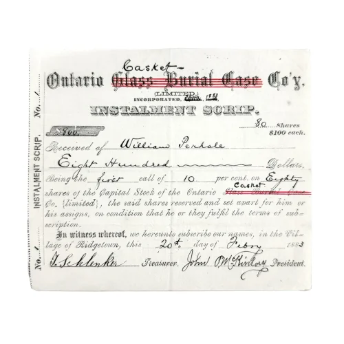 1883 Ontario Casket Company Installment Scrip. (see also MA198)