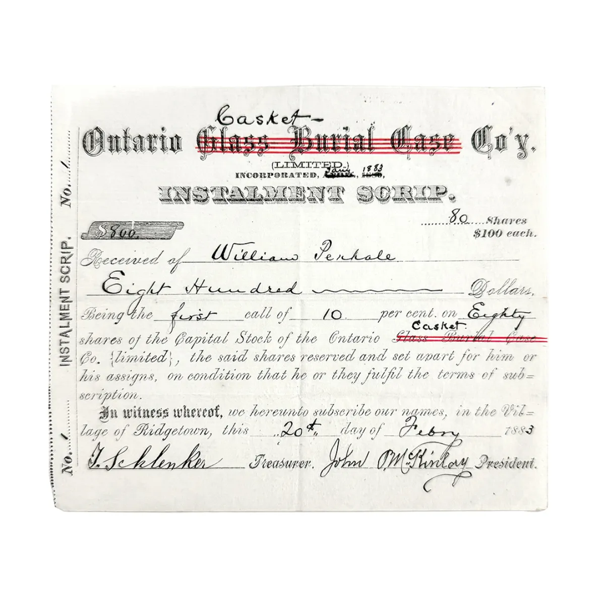MA1991 1883 Ontario Casket Company Installment Scrip. (see also MA198)