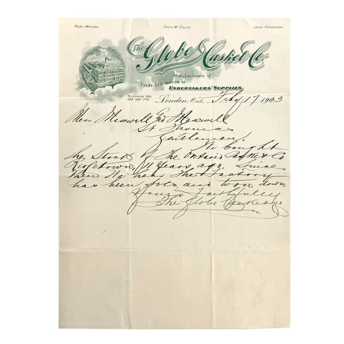MA2001 1903 The Globe Casket Co. Illustrated Letterhead